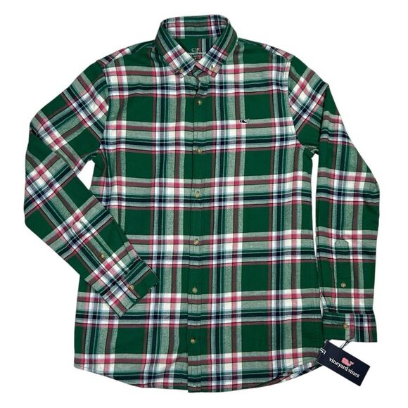 NWT Vineyard Vines Boys' Stretch Flannel Plaid Shirt In PLD Turf Green Sz Large - Picture 1 of 6